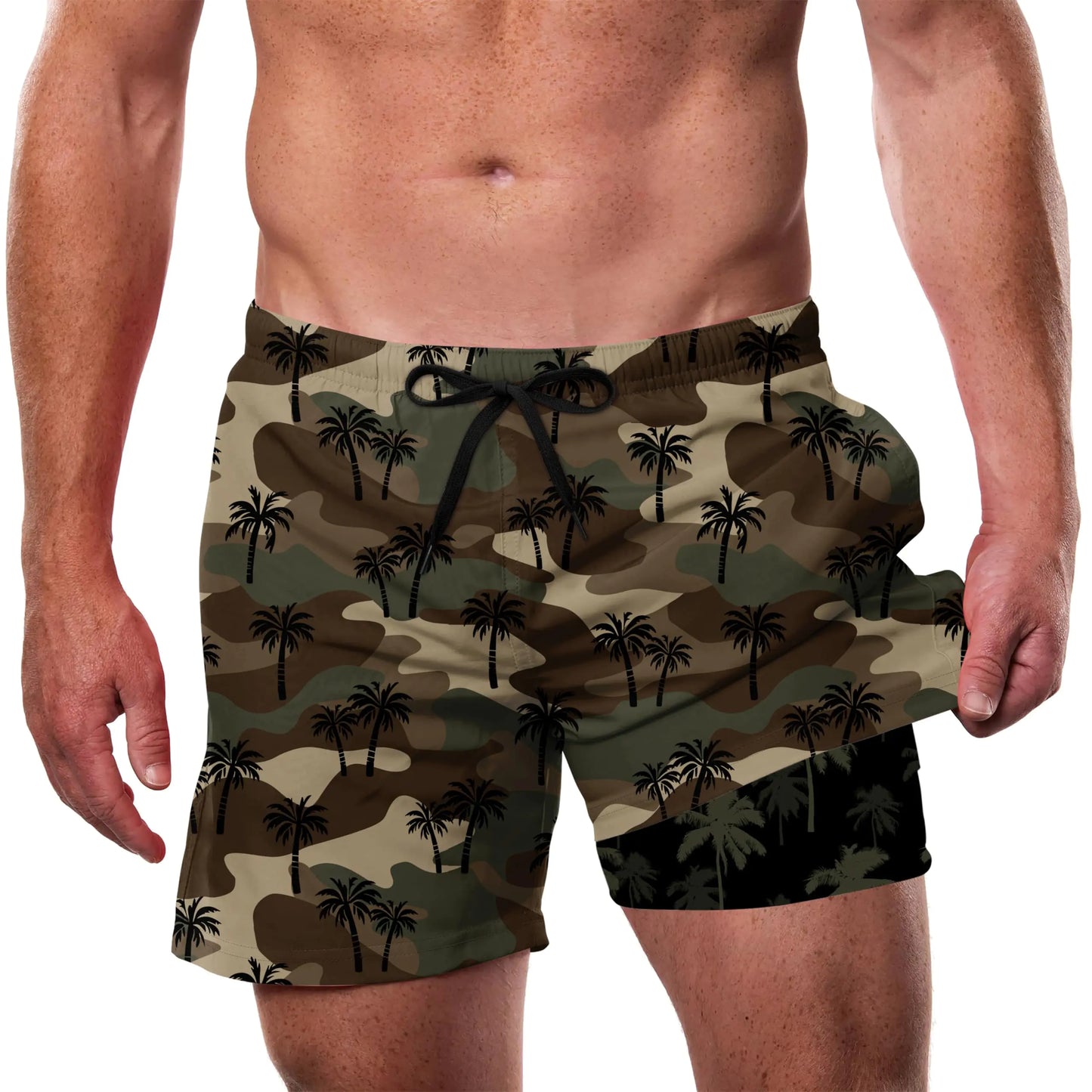 Mens Bathing Suit Men 5 Inch Hawaiian Swim Trunks with Compression Liner Mens 2 in 1 Camo Palm Tree Board Short Swimsuit