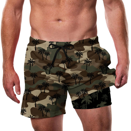 Mens Bathing Suit Men 5 Inch Hawaiian Swim Trunks with Compression Liner Mens 2 in 1 Camo Palm Tree Board Short Swimsuit